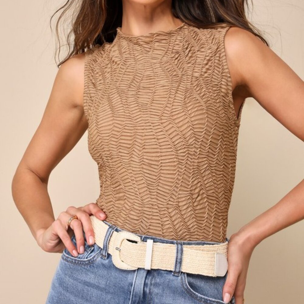 Lulus My Rules Light Brown Textured Mesh Mock Neck Tank Top - Size L